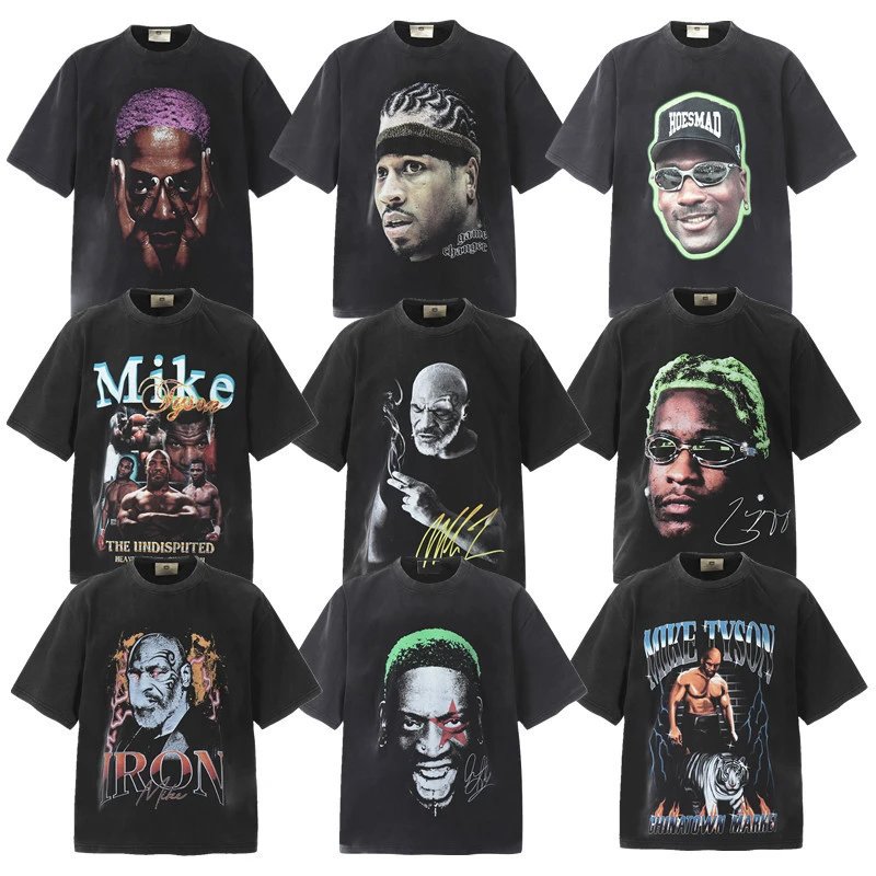 Character print short-sleeved American retro high street washed and distressed loose couple half-sleeve  