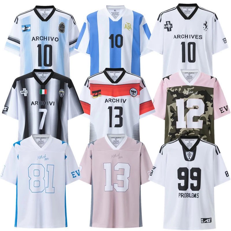 Summer hip-hop American retro V-neck spliced ​​letter printed short-sleeved T-shirt casual sports breathable jersey  