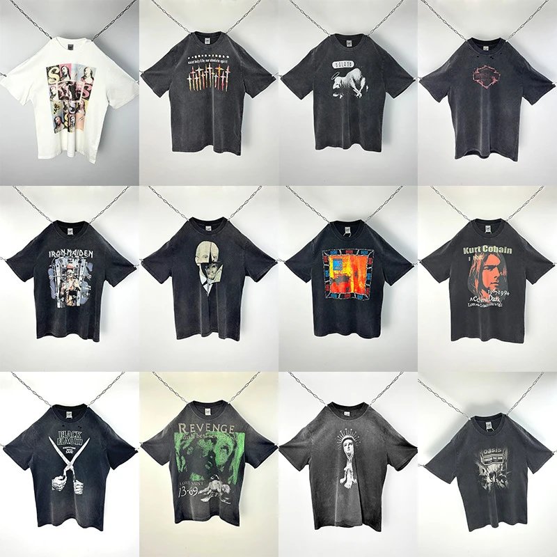 Washed distressed loose ripped T-shirt dark top  