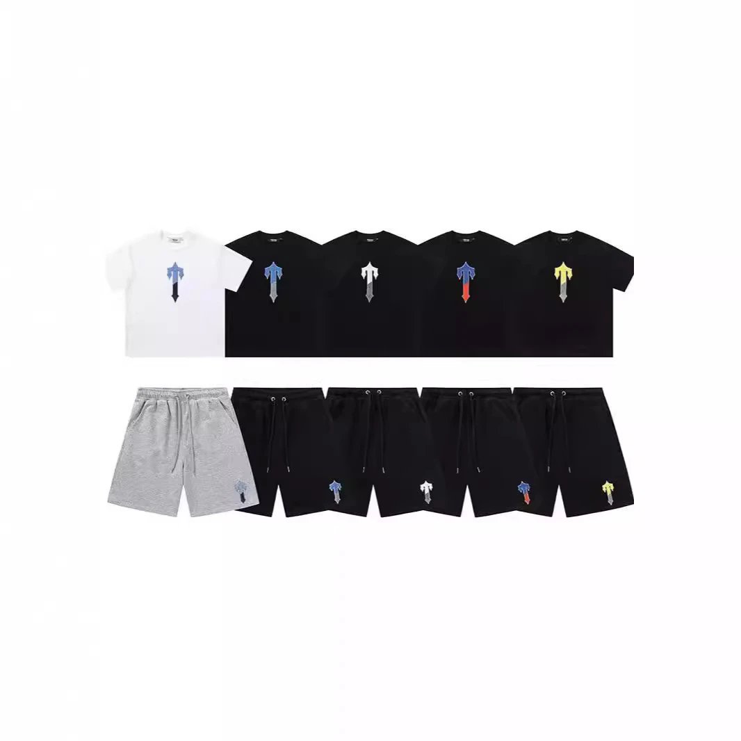 Gradient towel embroidery short-sleeved T-shirt summer sports and casual shorts set  
